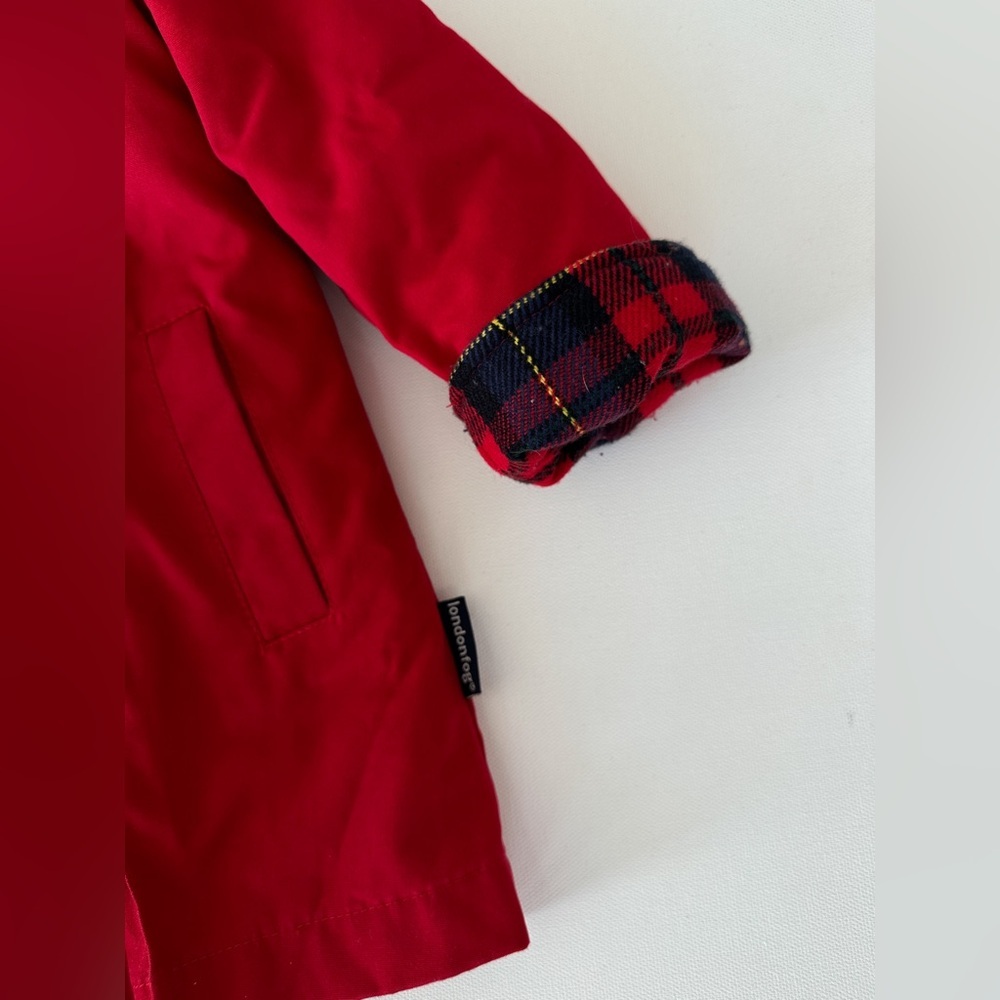 London Fog -Vintage Pleated Coat -Red with Plaid Details -Detachable Hood-Size2 - Picture 3 of 13